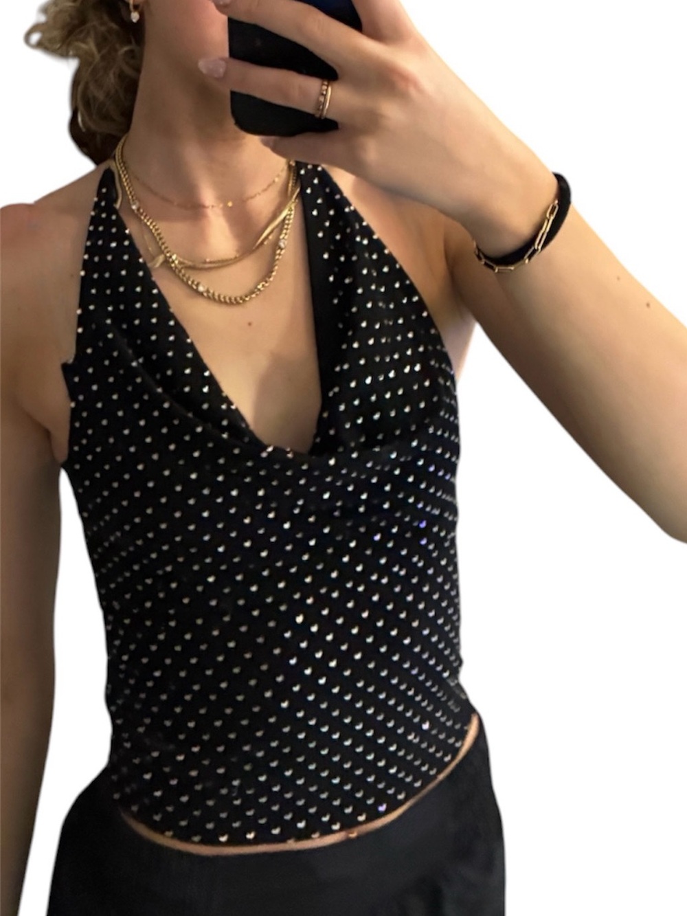 ZARA Black Rhinestone Studded Halter Top Cowl Neck - Medium